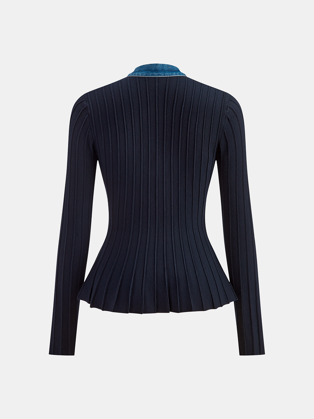 Denim Trim Knitted Peplum Cardigan  Liora Lane Boutique Knit Outerwear