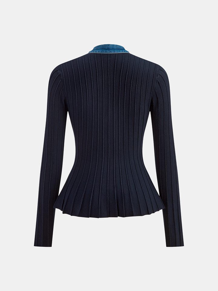 Denim Trim Knitted Peplum Cardigan  Liora Lane Boutique Knit Outerwear