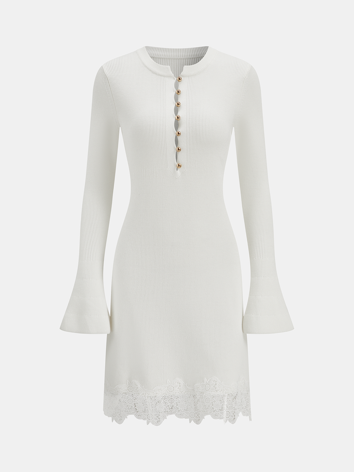 Wool Blend Lace Hem Metal Button Mini Dress  Liora Lane Boutique Sweater Dresses