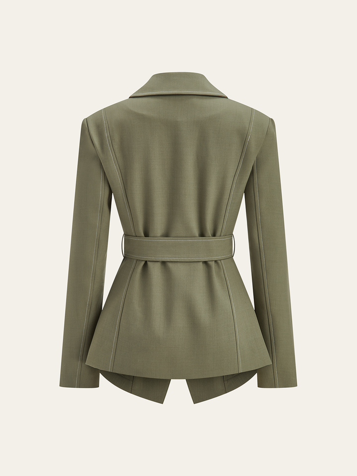 Contrast-Stitch Belted Casual Blazer  Liora Lane Boutique Blazers