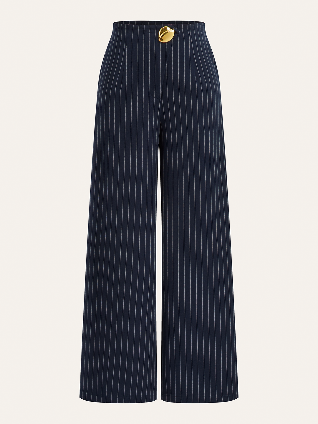 Metal Button Asymmetric Placket Pinstripe Wide-Leg Pants  Liora Lane Boutique Pants Navy / XL 52.00