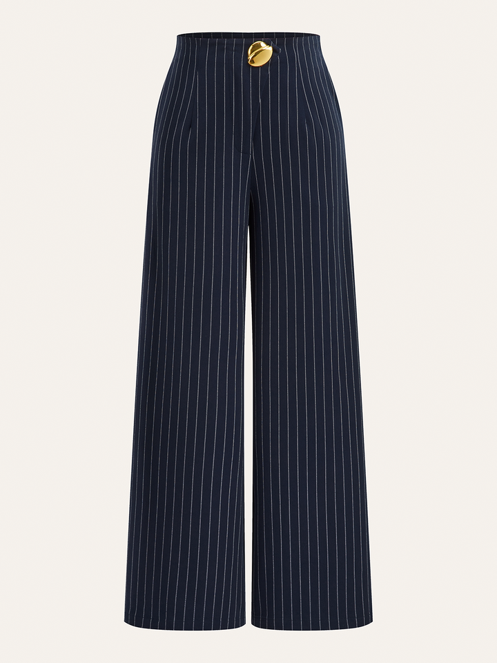 Metal Button Asymmetric Placket Pinstripe Wide-Leg Pants  Liora Lane Boutique Pants Navy / XL 52.00
