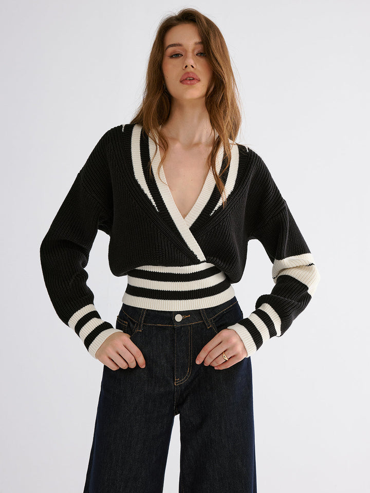 Striped Casual Knitted Sweater  Liora Lane Boutique Sweaters BlackandWhite / XL 52.00