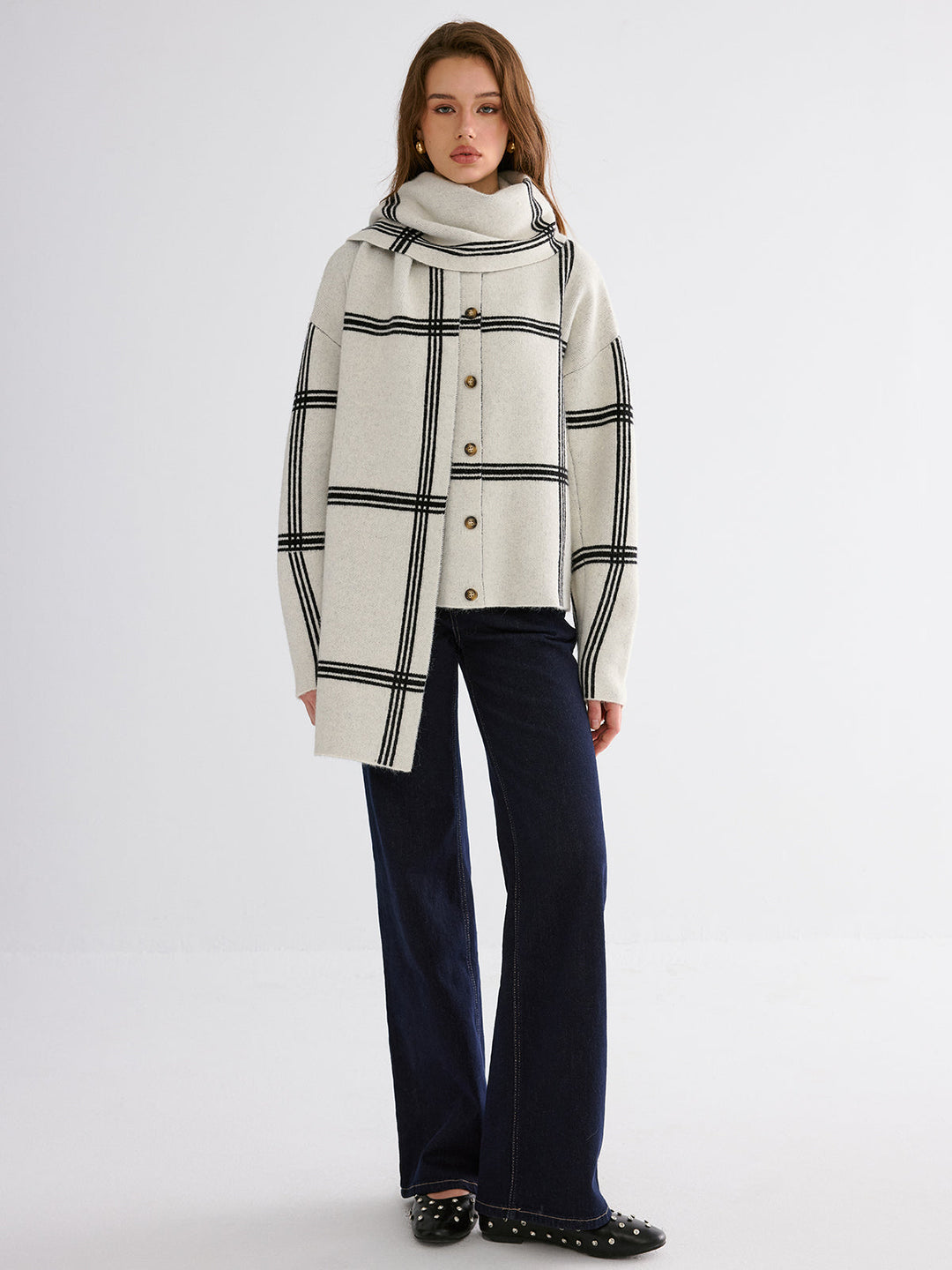 Wrap Scarf Check Print Cardigan  Liora Lane Boutique Cardigans