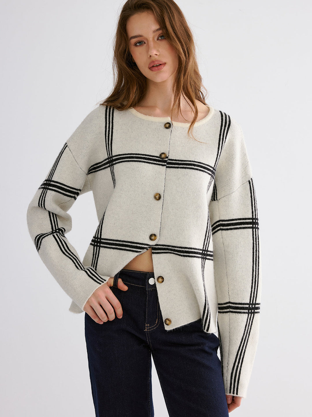 Wrap Scarf Check Print Cardigan  Liora Lane Boutique Cardigans