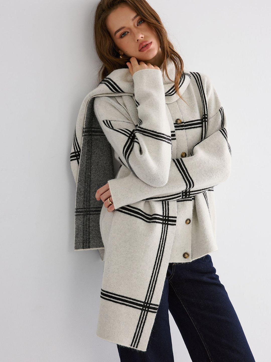 Wrap Scarf Check Print Cardigan  Liora Lane Boutique Cardigans Beige / XL 99.99