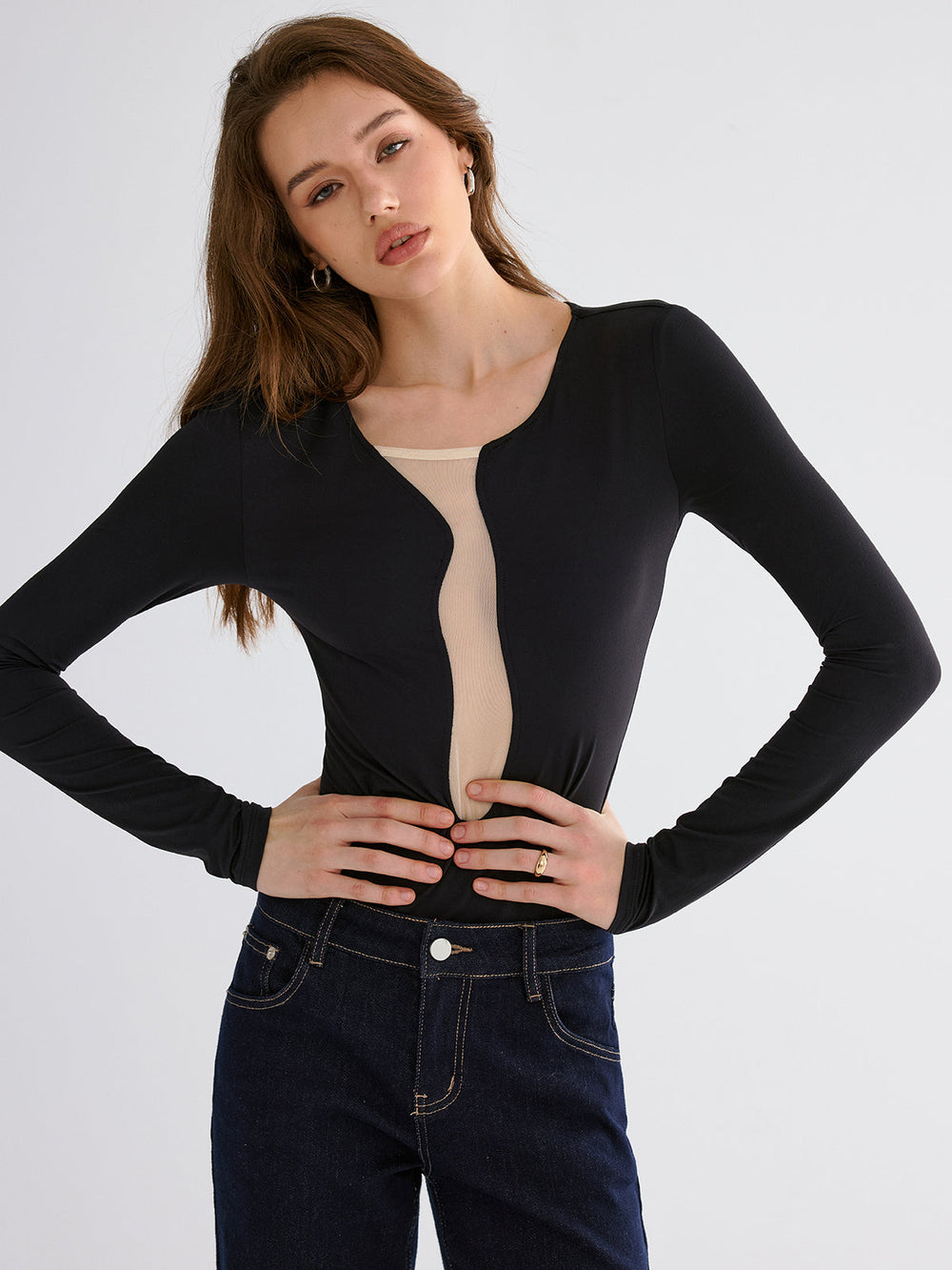 Mesh Patchwork Skinny Bodysuits  Liora Lane Boutique Bodysuits