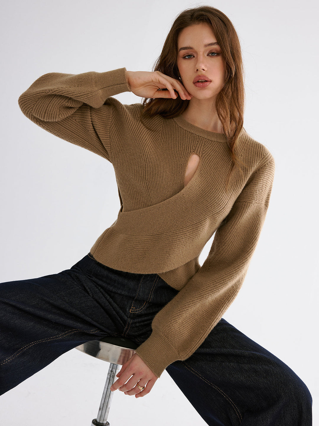 Cut-out Asymmetrical-Hem Sweater  Liora Lane Boutique Sweaters Khaki / XL 49.00