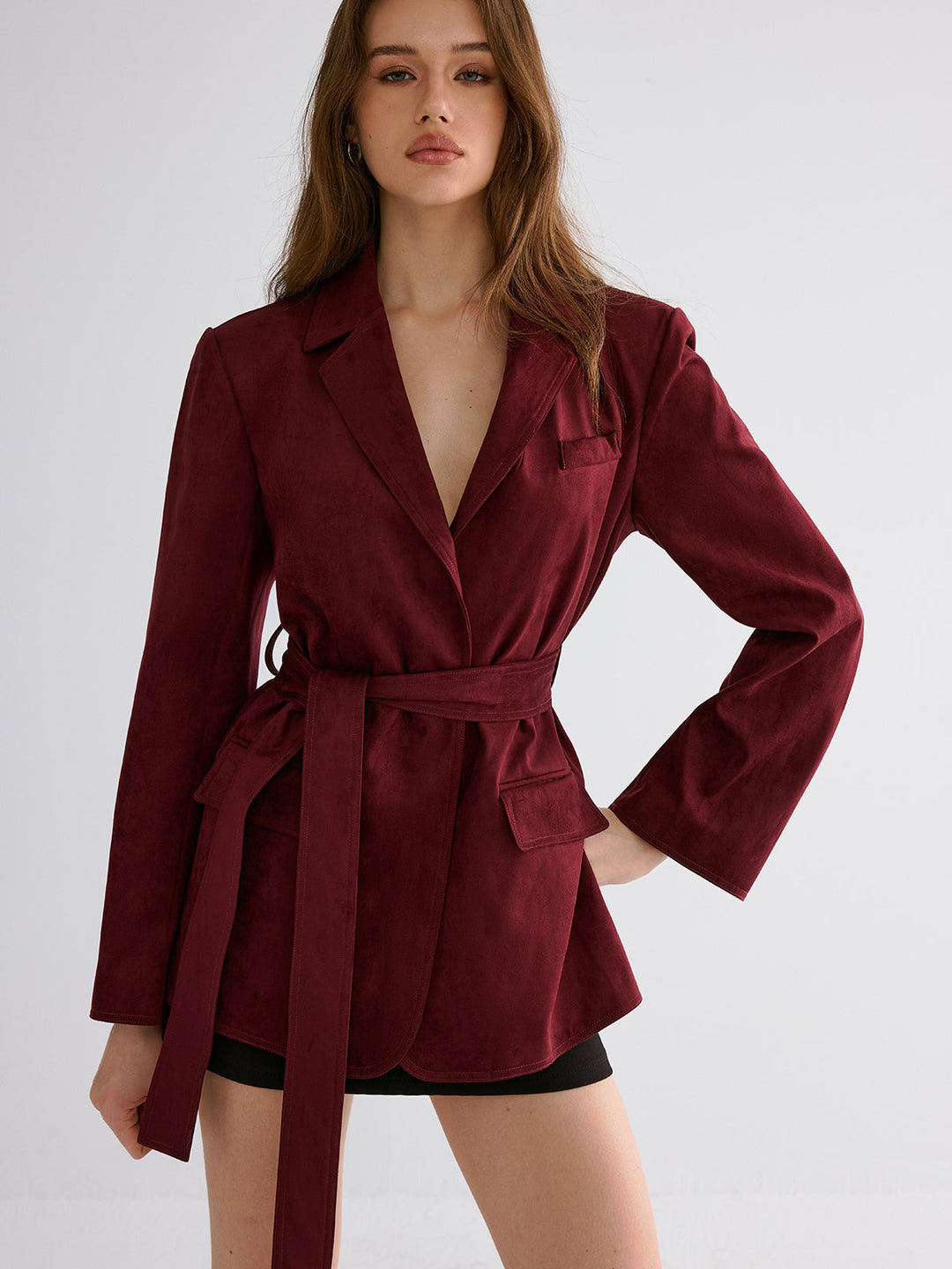 Minimal Belted Blazer  Liora Lane Boutique Blazers Burgundy / XL 192.00