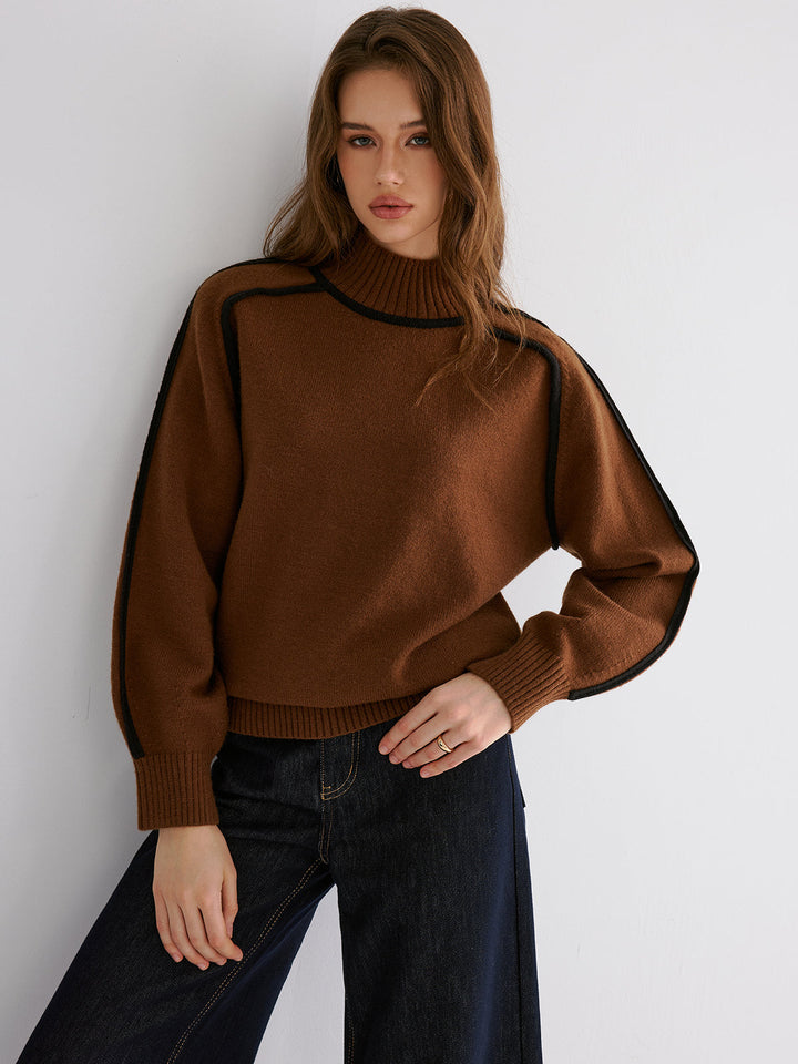 Knit Contrast Binding High Neck Sweater  Liora Lane Boutique Sweaters Brown / XL 58.00