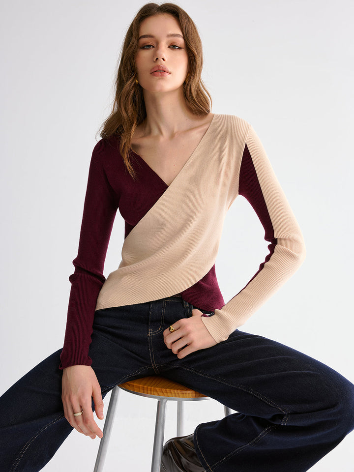 Two-Tone Asymmetrical-Hem Sweater  Liora Lane Boutique Knit Tops Burgundy / XL 99.99