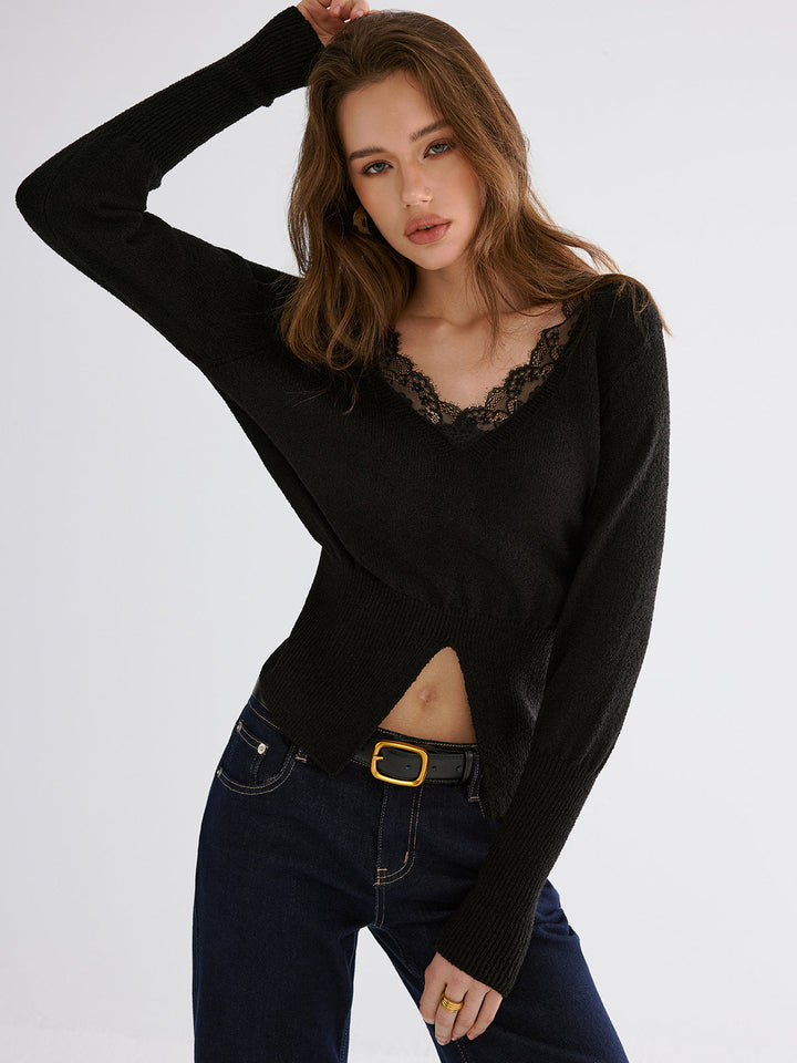 Lace Trim V-Neck Knit Top  Liora Lane Boutique Knit Tops