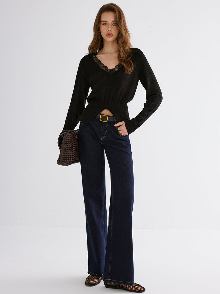 Lace Trim V-Neck Knit Top  Liora Lane Boutique Knit Tops