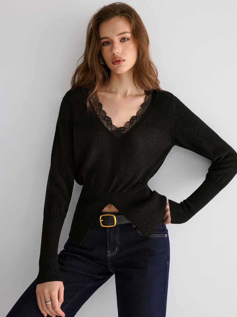 Lace Trim V-Neck Knit Top  Liora Lane Boutique Knit Tops
