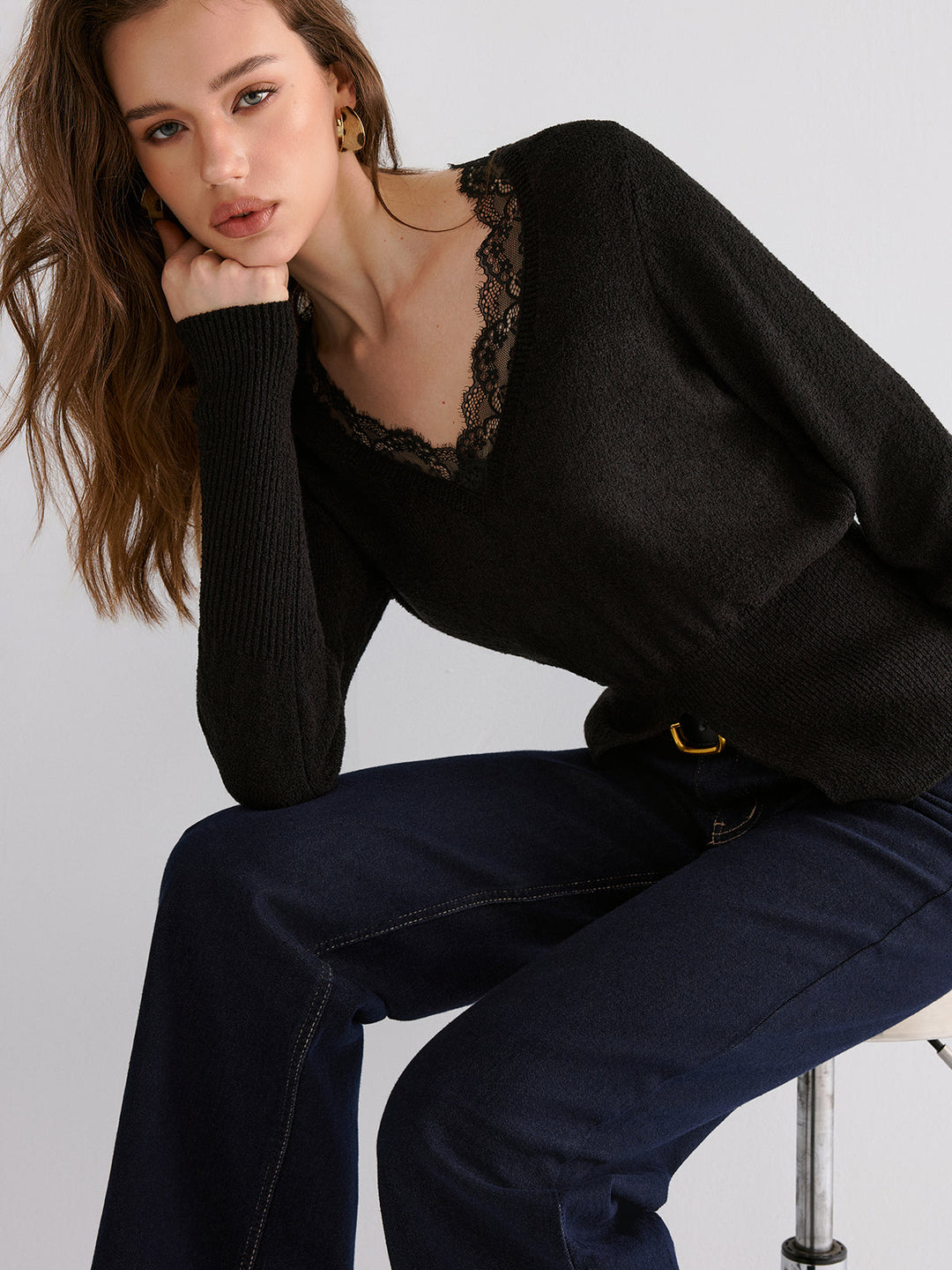 Lace Trim V-Neck Knit Top  Liora Lane Boutique Knit Tops Black / XL 94.99