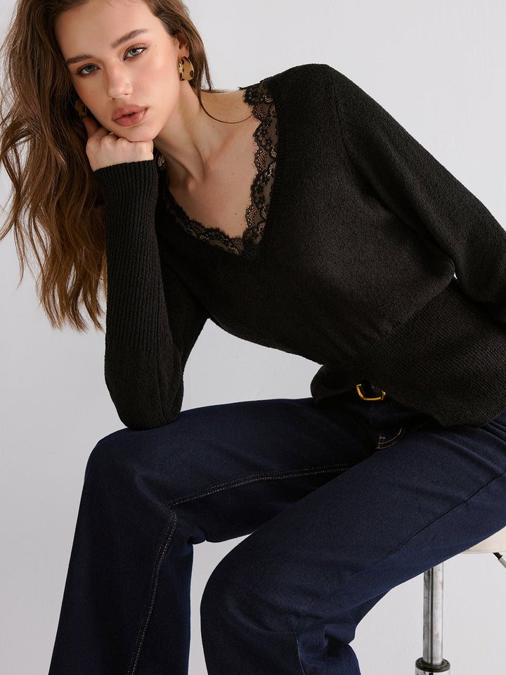 Lace Trim V-Neck Knit Top  Liora Lane Boutique Knit Tops Black / XL 94.99