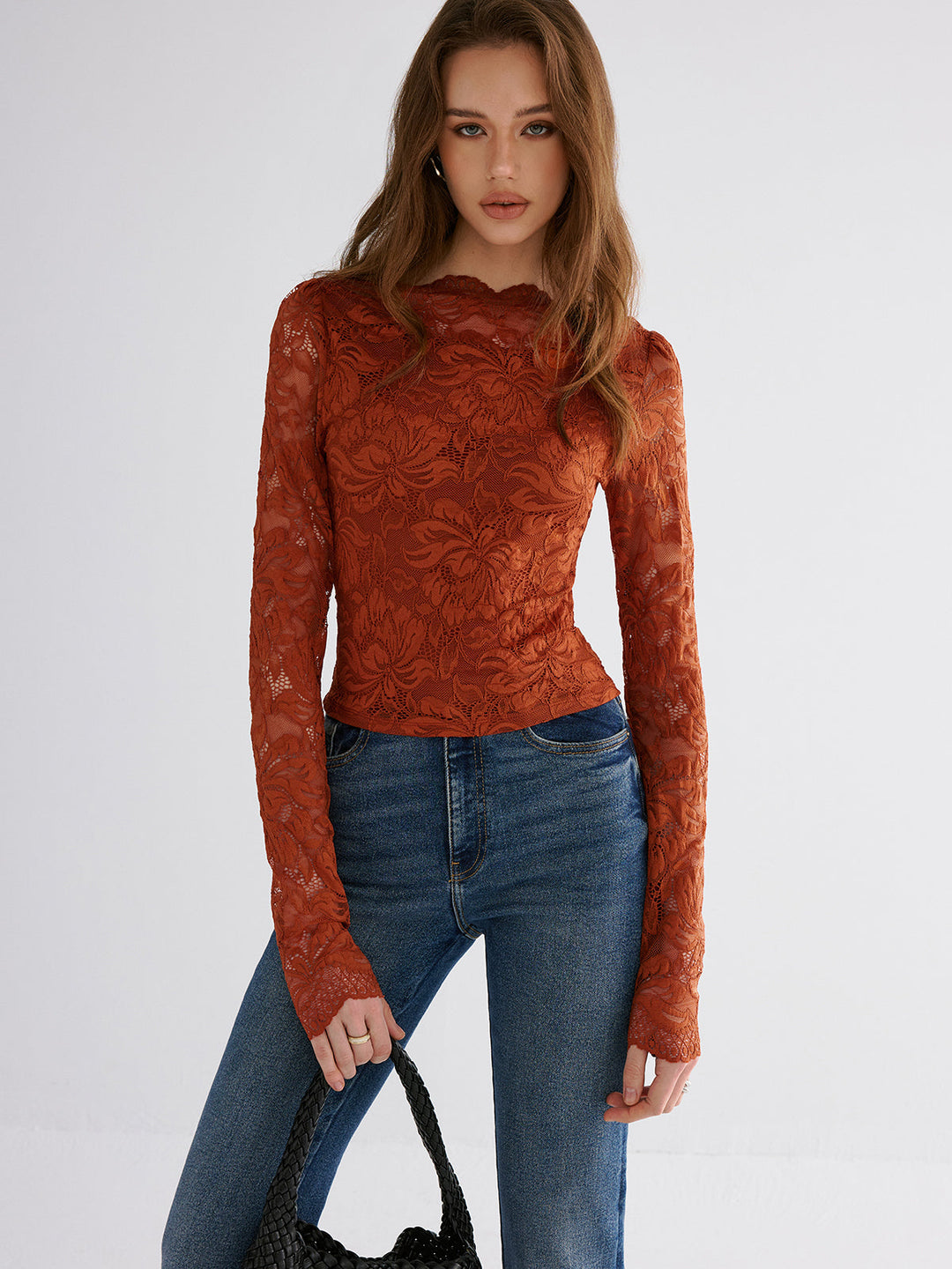 Flower Embroidered Cropped Lace Top  Liora Lane Boutique T-Shirts OrangeRed / XL 24.00