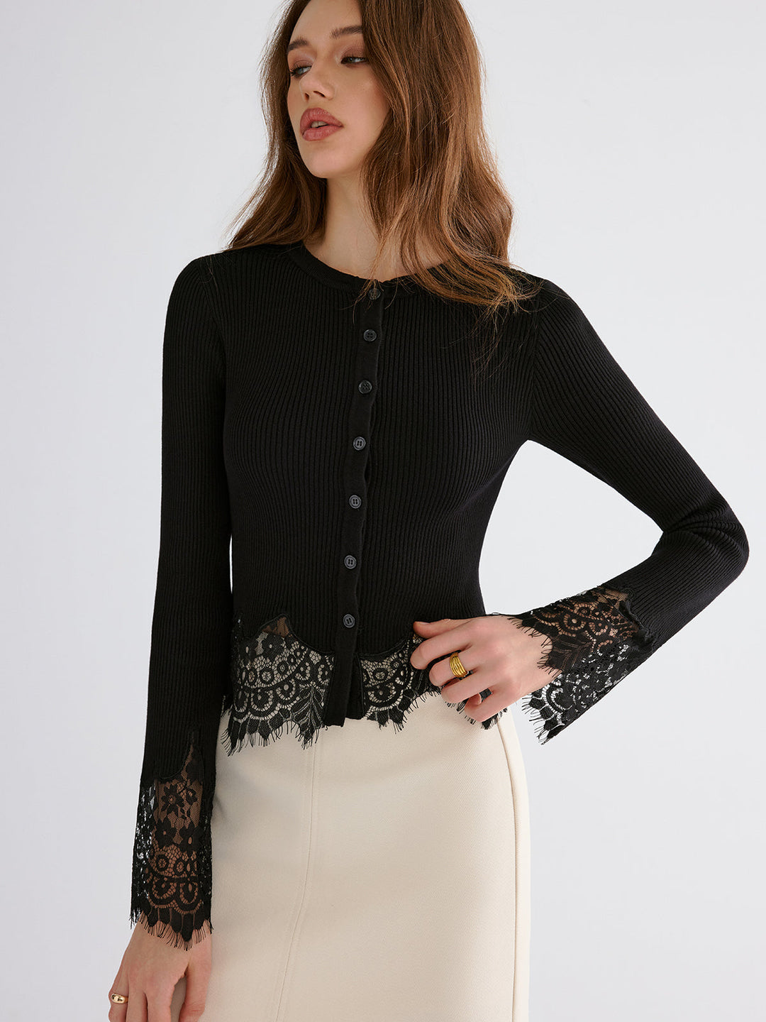 Lace Hem Flared Sleeve Cadigan  Liora Lane Boutique Cardigans