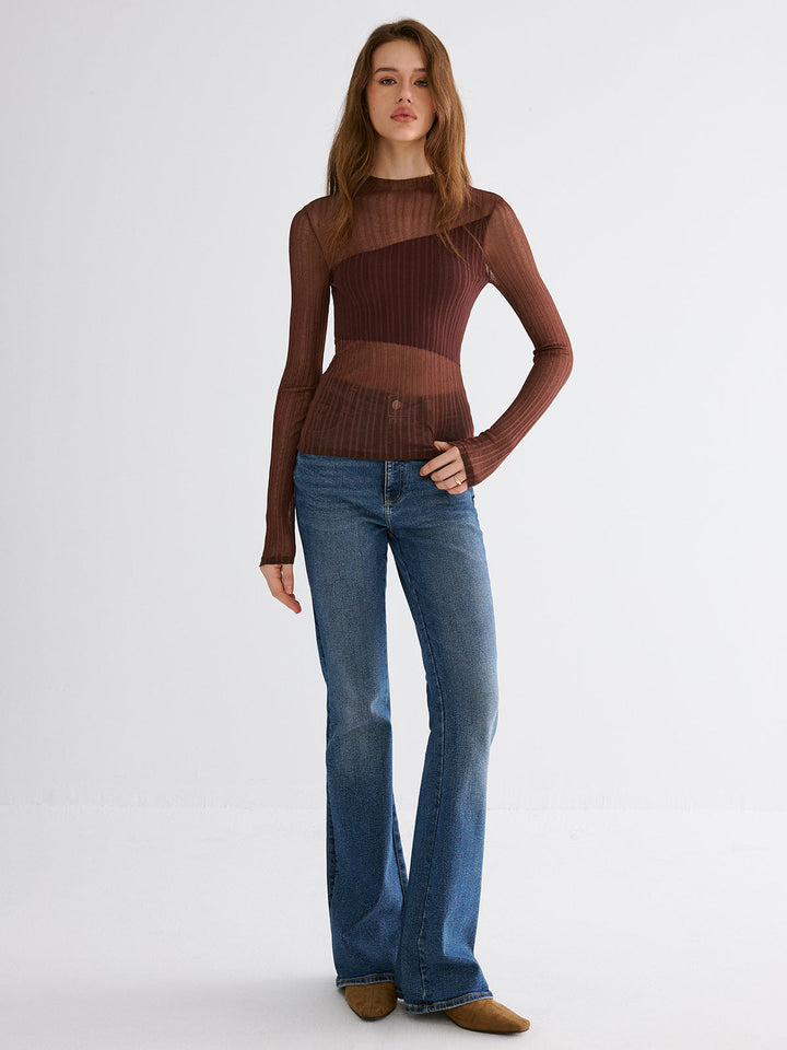 Mock Neck Contrast Mesh Top  Liora Lane Boutique Sweaters