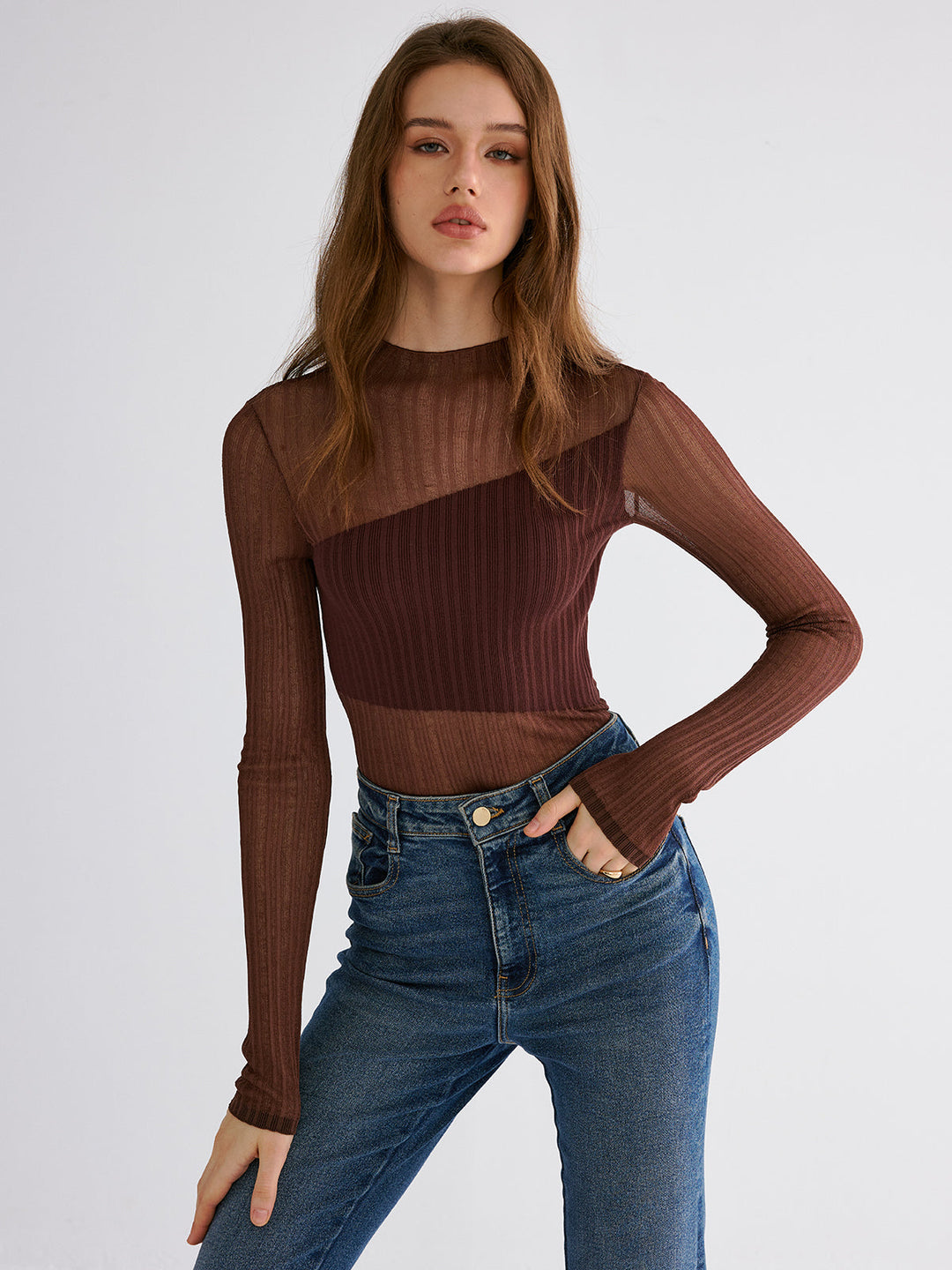 Mock Neck Contrast Mesh Top  Liora Lane Boutique Sweaters Brown / XL 98.99