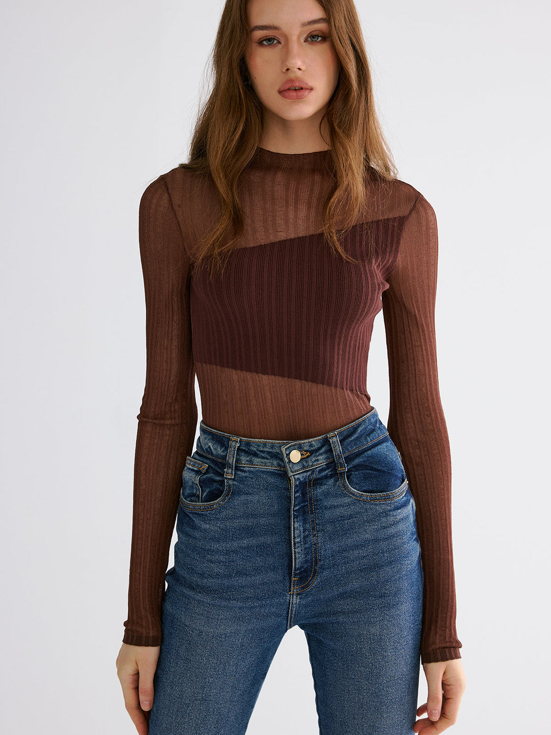 Mock Neck Contrast Mesh Top  Liora Lane Boutique Sweaters