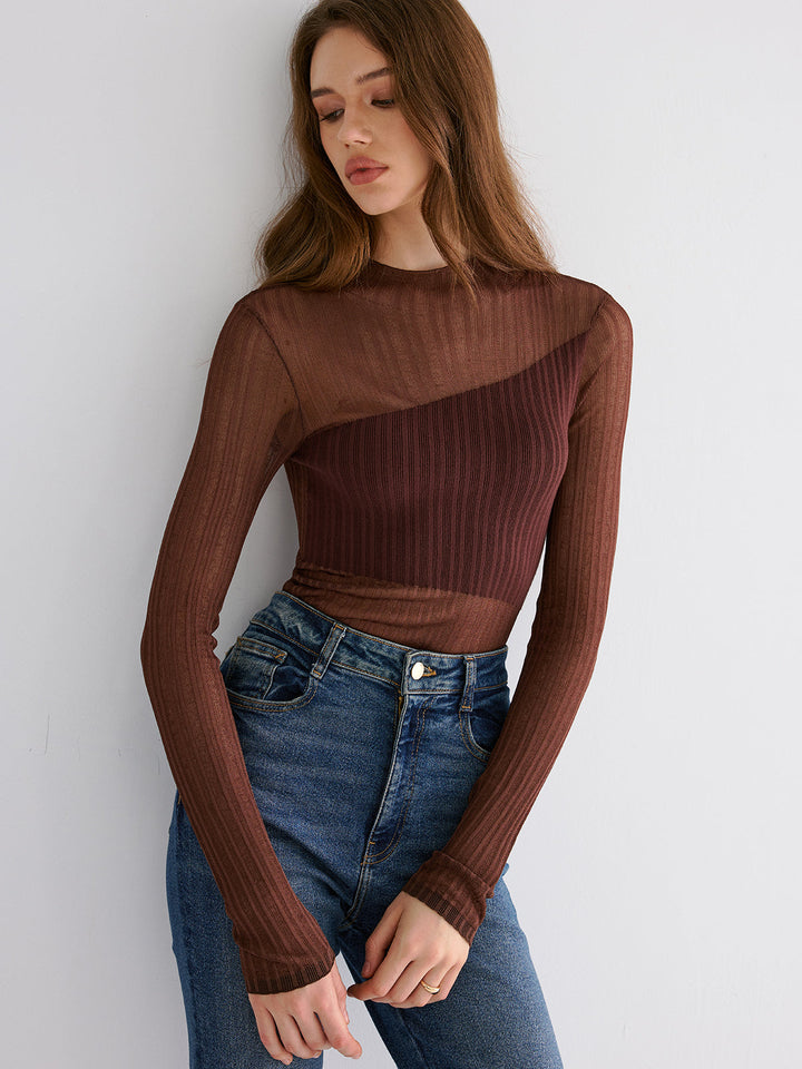 Mock Neck Contrast Mesh Top  Liora Lane Boutique Sweaters
