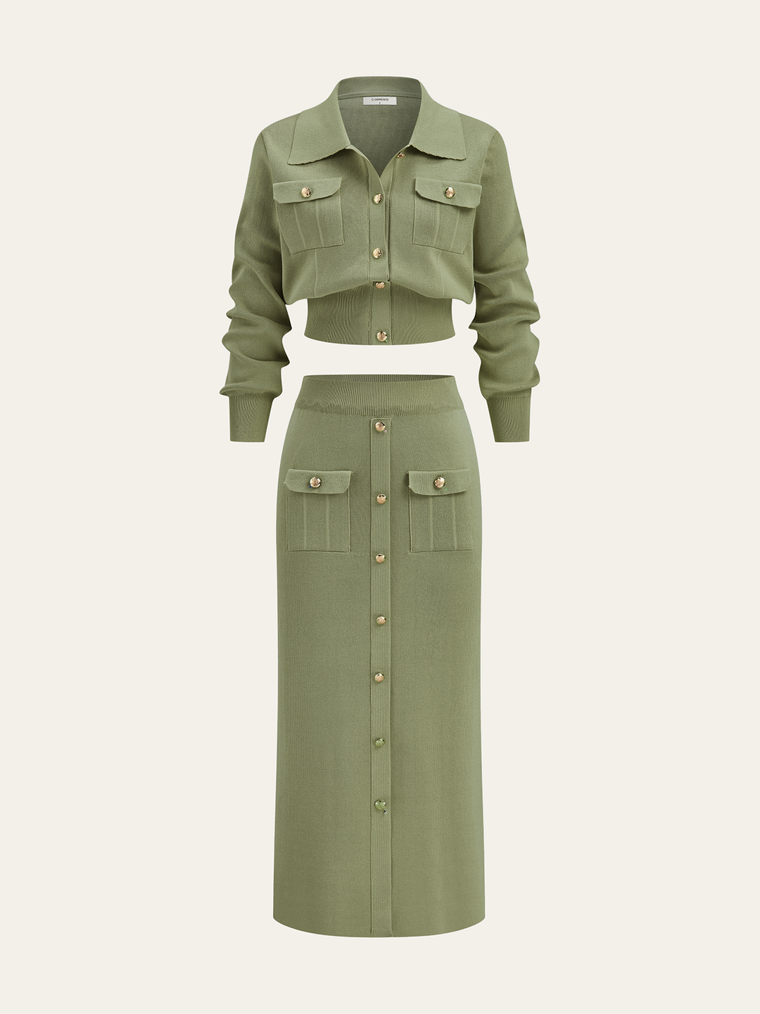 Metal Button Collared Cardigan and Midi Skirt Set  Liora Lane Boutique Sweater Co-ords LightGreen / XL 88.00