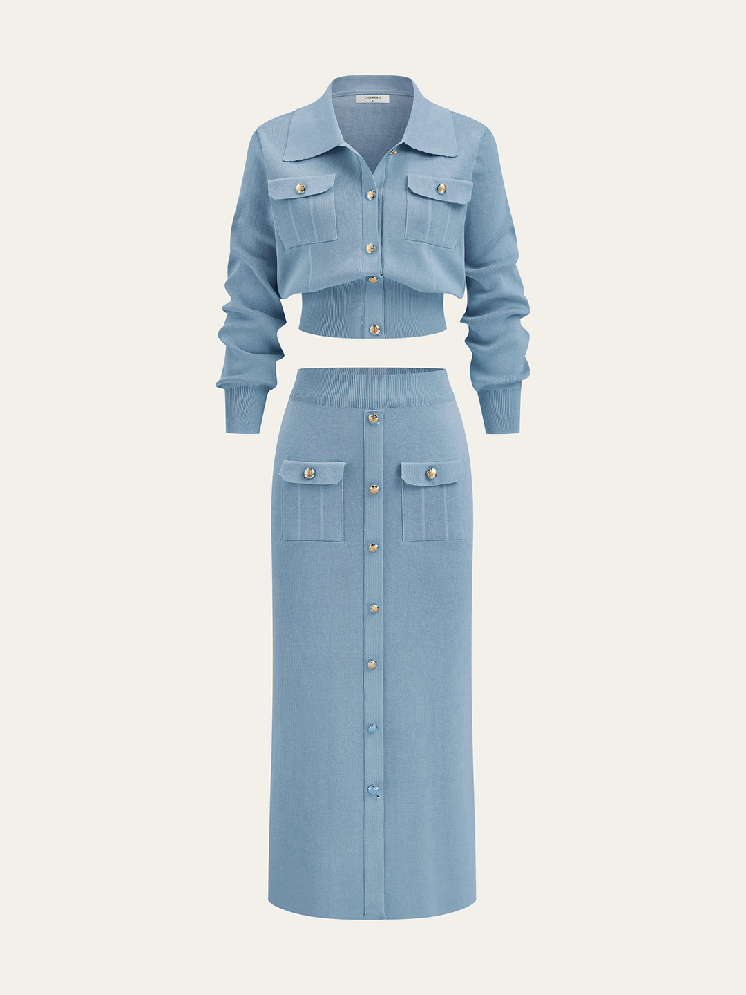 Metal Button Collared Cardigan and Midi Skirt Set  Liora Lane Boutique Sweater Co-ords LightBlue / XL 88.00
