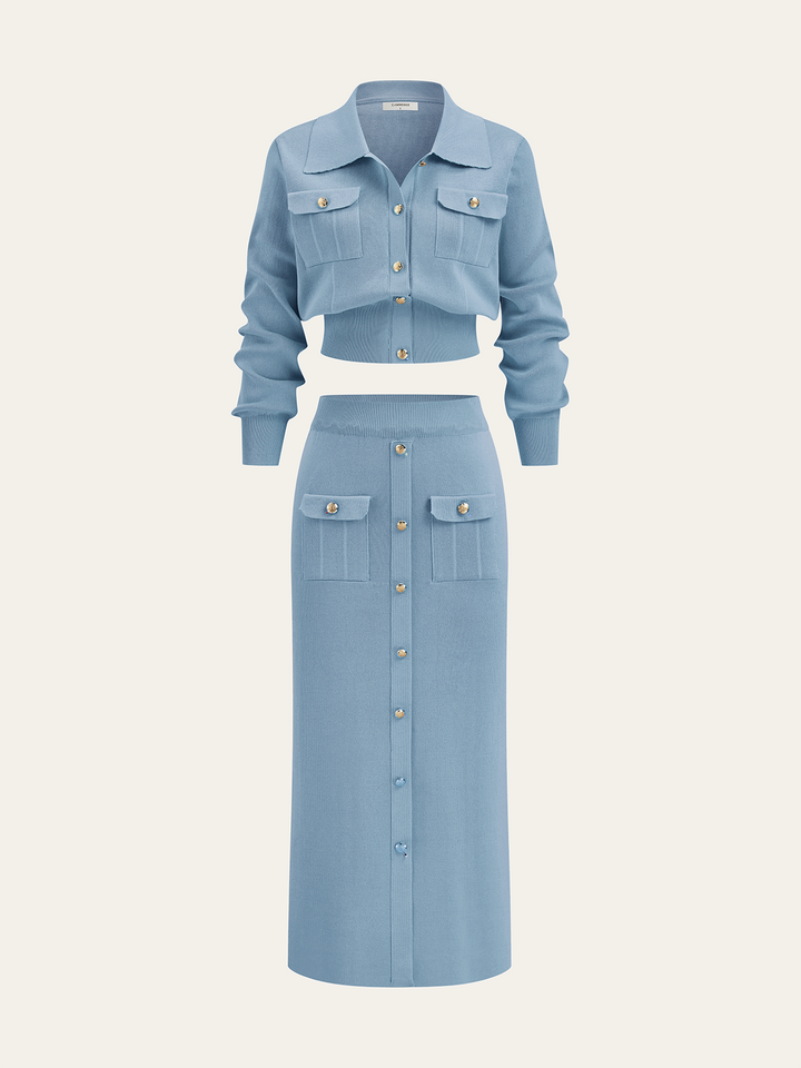 Metal Button Collared Cardigan and Midi Skirt Set  Liora Lane Boutique Sweater Co-ords