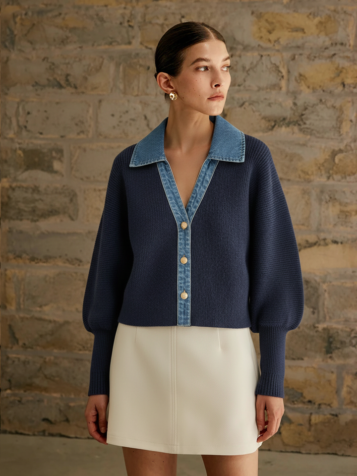 Leg-Of-Mutton Sleeve Denim Panel Knit Cardigan  Liora Lane Boutique Cardigans Blue / XL 84.99