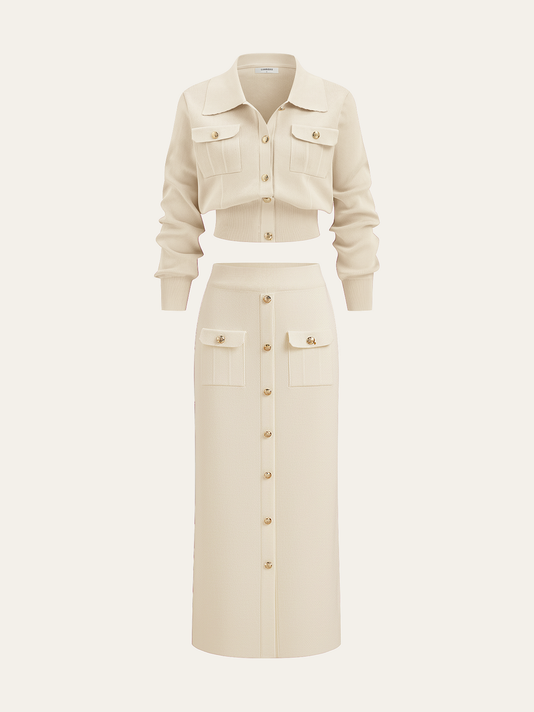 Metal Button Collared Cardigan and Midi Skirt Set  Liora Lane Boutique Sweater Co-ords Apricot / XL 88.00