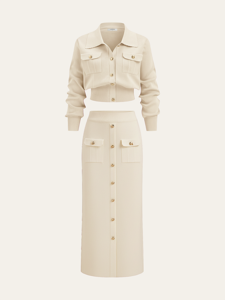 Metal Button Collared Cardigan and Midi Skirt Set  Liora Lane Boutique Sweater Co-ords Apricot / XL 88.00