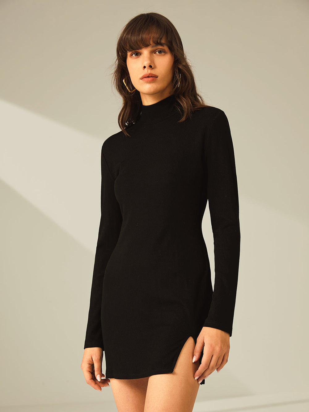 Turtleneck Long Sleeve Mini Dress with Slit and Ribbed Paneling  Liora Lane Boutique Dresses
