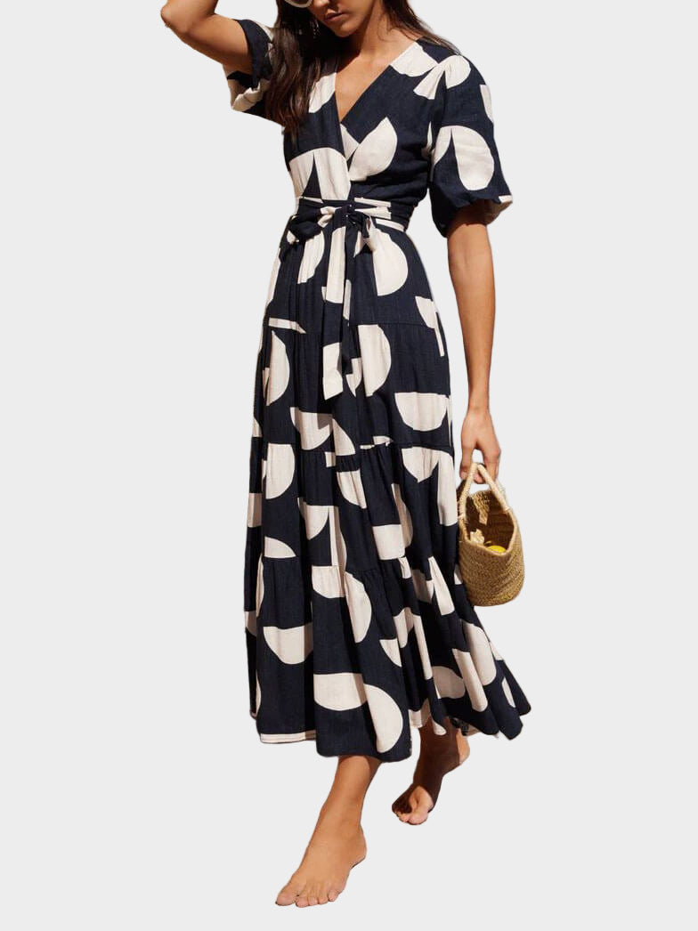 Midi Dress with Puff Sleeve V-Neck Geometric Print Jasmine's Boutique Australia