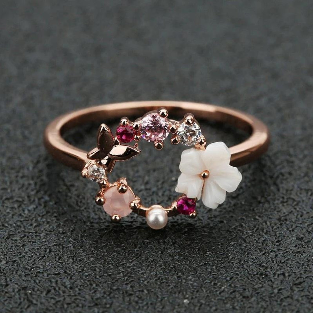 White Petal with Pearls and Zirconia Adjustable Ring in Rose Gold Jasmine's Boutique Australia