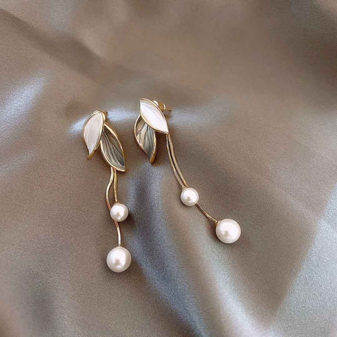 Leaf Pendant Earrings with Pearls in Gold Jasmine's Boutique Australia