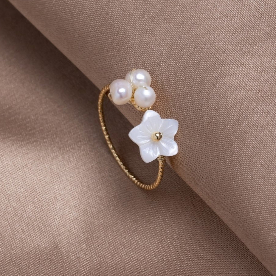 Adjustable White Petal Ring with Pearls in Gold Jasmine's Boutique Australia