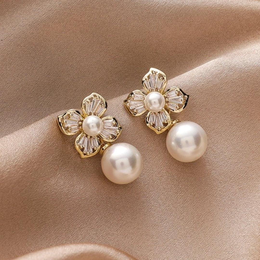 Crystal Flower Earrings with Pearls in Gold Jasmine's Boutique Australia