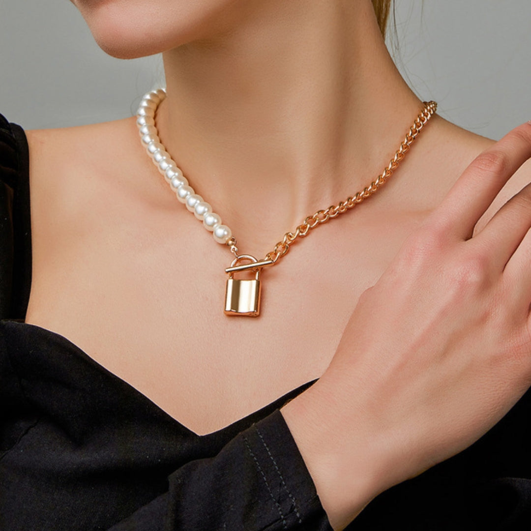 Golden Padlock Necklace with Freshwater Pearls Jasmine's Boutique Australia