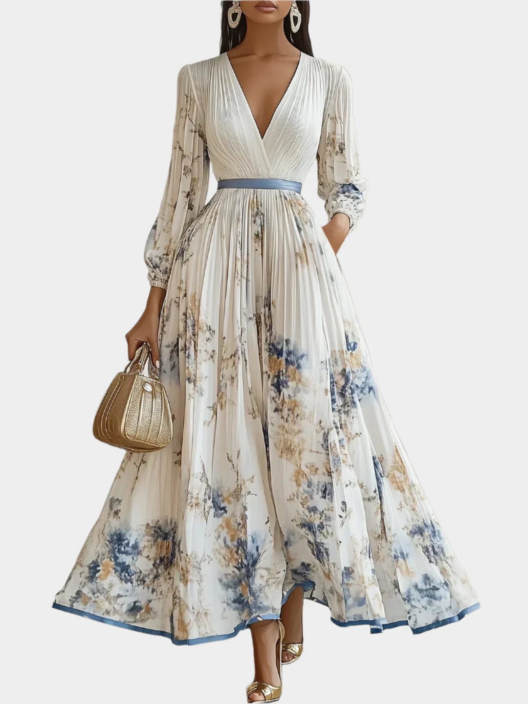 Long Dress with Puff Sleeves and V-Neck Jasmine's Boutique Australia