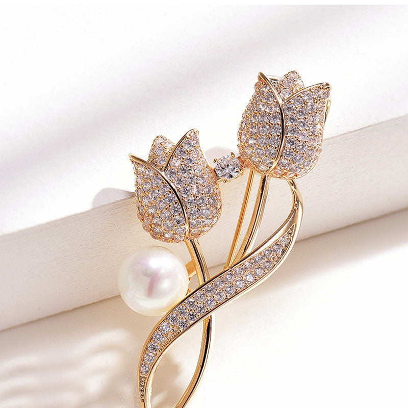 Tulip Brooch with Shiny Tulip Pearl in Gold and Silver Jasmine's Boutique Australia