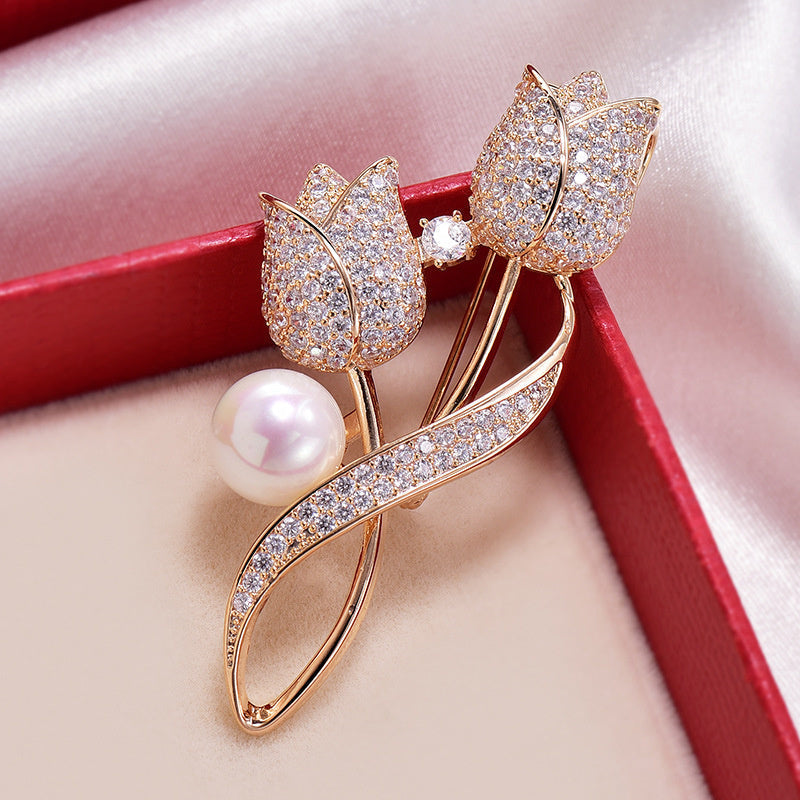 Tulip Brooch with Shiny Tulip Pearl in Gold and Silver Jasmine's Boutique Australia
