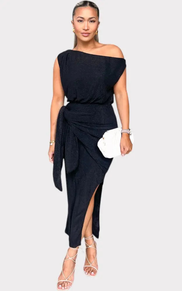 Black Asymmetric Off-Shoulder Wrap Tie Split Midi Dress Jasmine's Boutique Australia