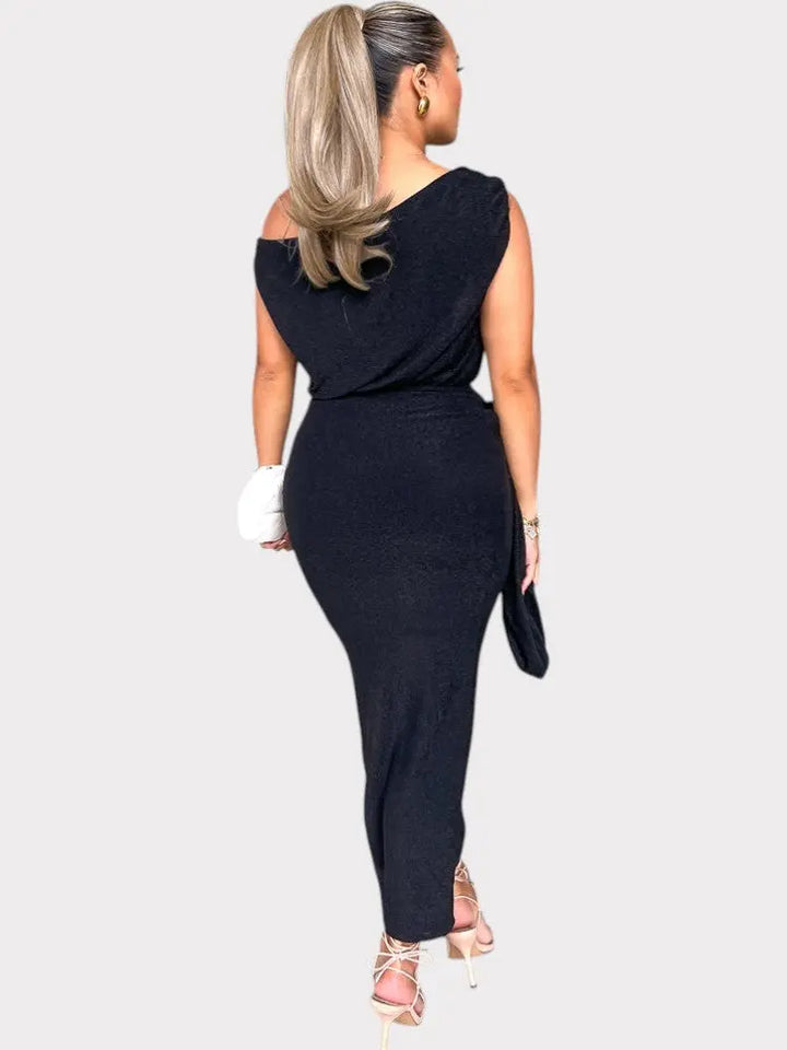 Black Asymmetric Off-Shoulder Wrap Tie Split Midi Dress Jasmine's Boutique Australia