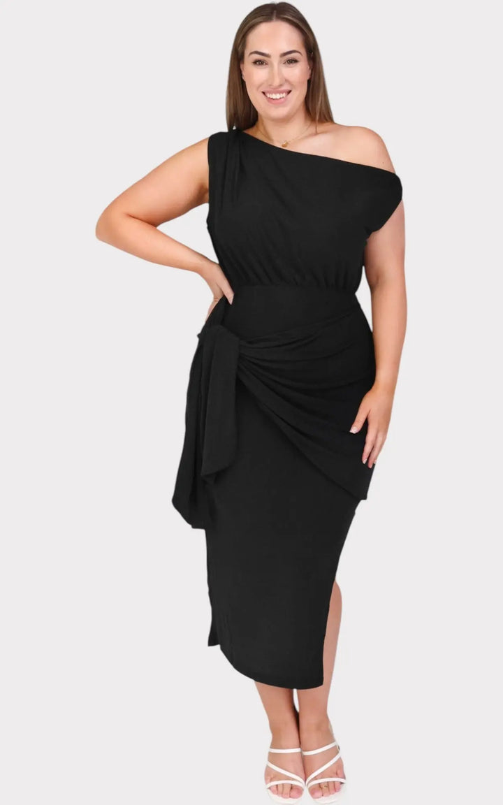 Black Asymmetric Off-Shoulder Wrap Tie Split Midi Dress Jasmine's Boutique Australia