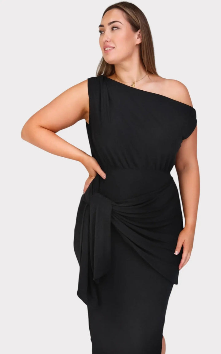 Black Asymmetric Off-Shoulder Wrap Tie Split Midi Dress Jasmine's Boutique Australia