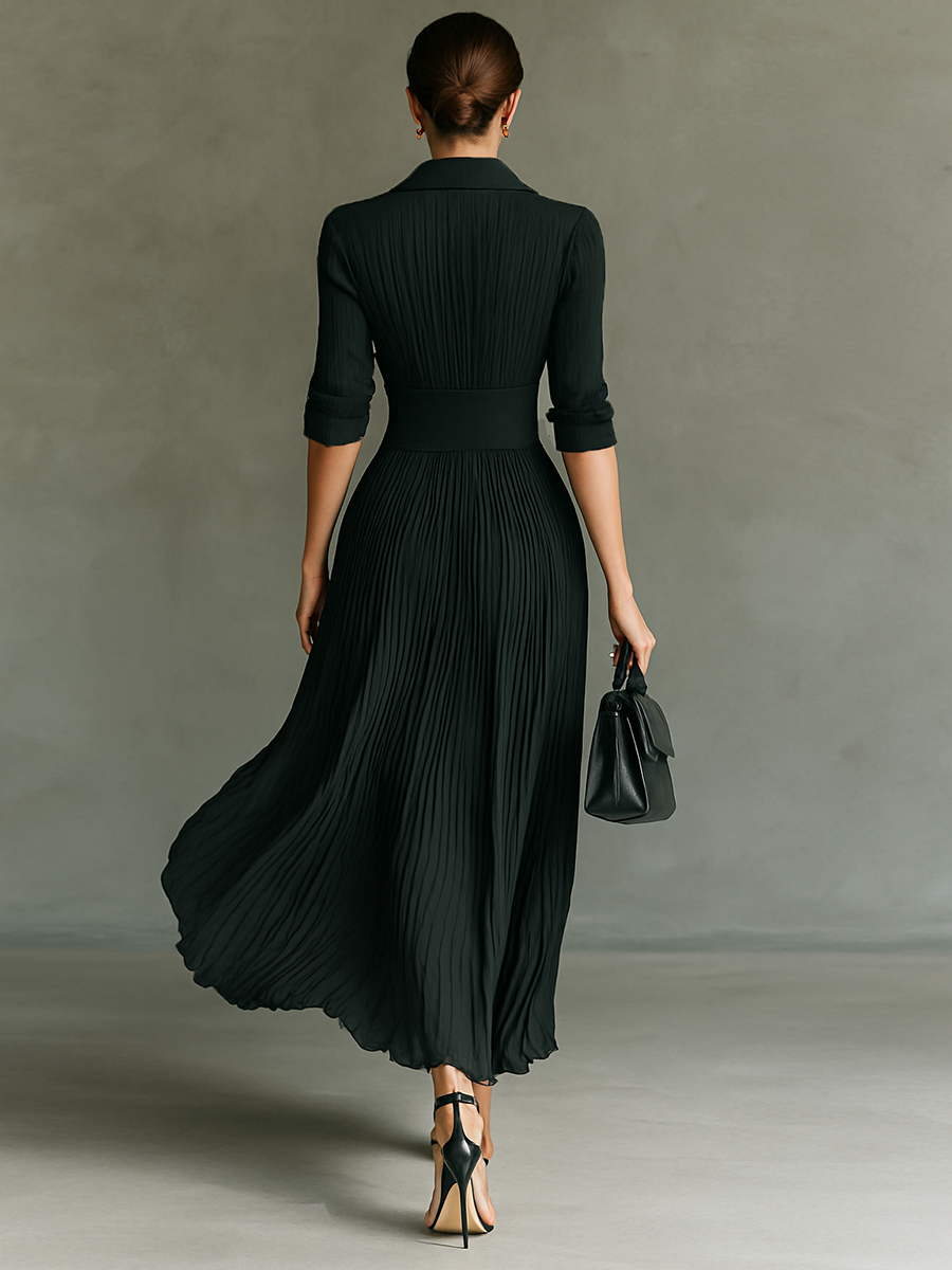 Long Maxi Dress with Long Sleeves, Notched Collar, and Pleats Jasmine's Boutique Australia