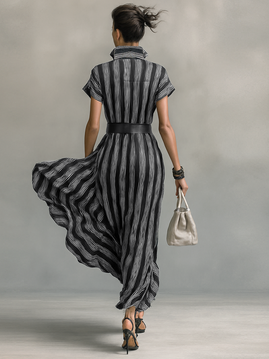Maxi Striped Chiffon Dress with Collar and Short Sleeves for Women with Belt Jasmine's Boutique Australia