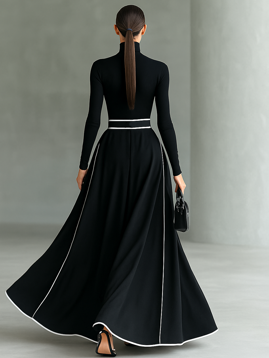 Black Maxi Dress with White Stitching, High Neck, Long Sleeves, and Fitted Waist Jasmine's Boutique Australia