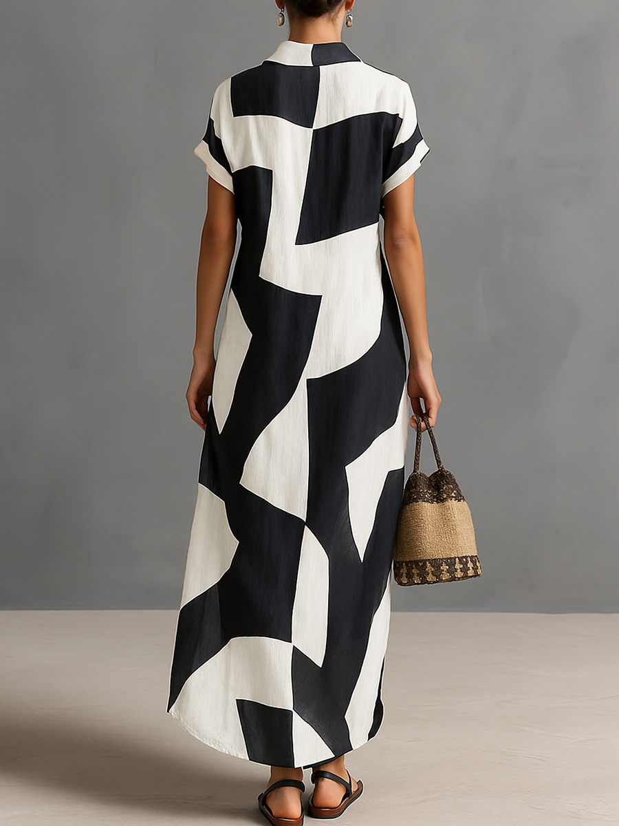 Maxi Shirt Dress in Chiffon for Women with Irregular Geometric Print and Notch Collar, Short Sleeves, Single Button Jasmine's Boutique Australia